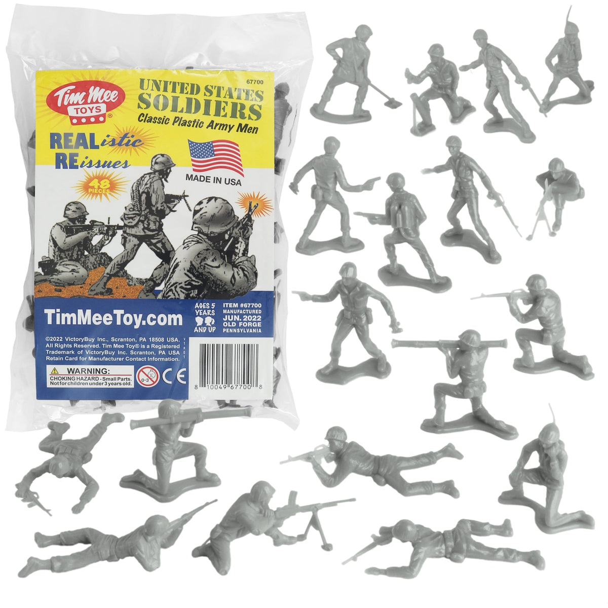 TimMee PLASTIC ARMY Men Gray 48pc Toy Soldier Figures - USA Made