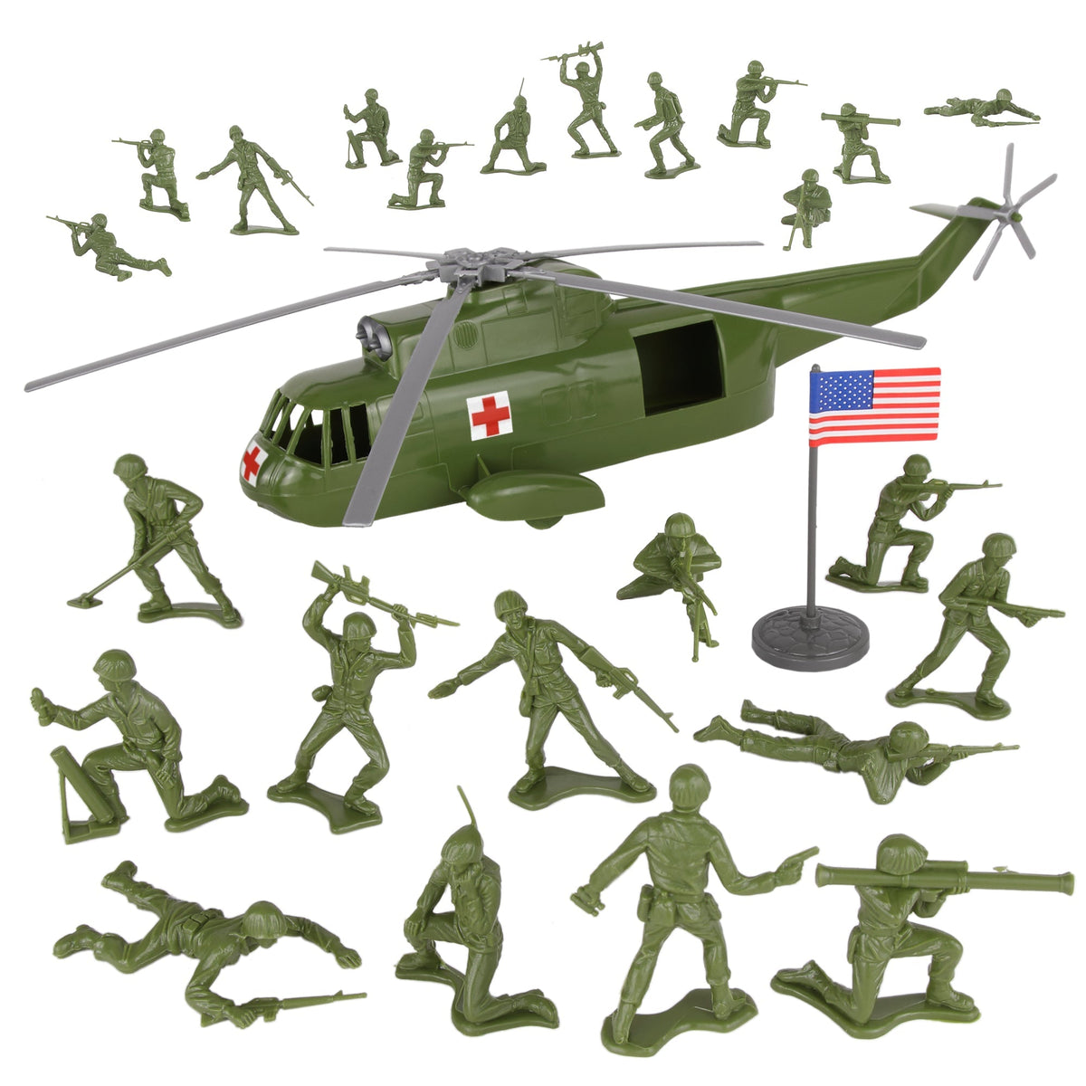 TimMee Plastic Army Men HELICOPTER Playset OD Green 26pc USA Made