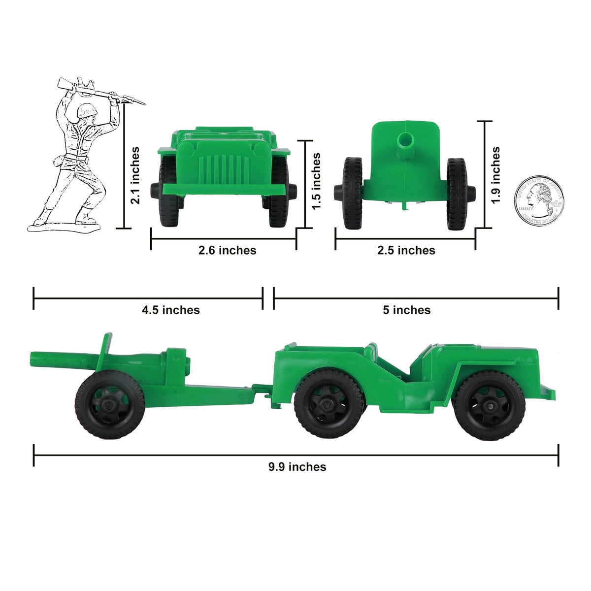 TimMee COMBAT PATROL Willys & Artillery - Green 4pc Playset USA