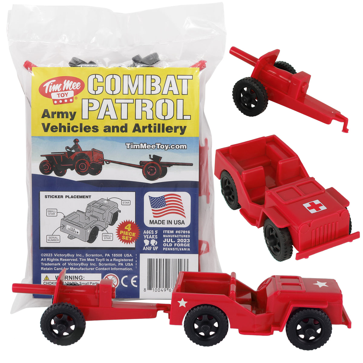 TimMee COMBAT PATROL Willys & Artillery - Red 4pc Playset USA