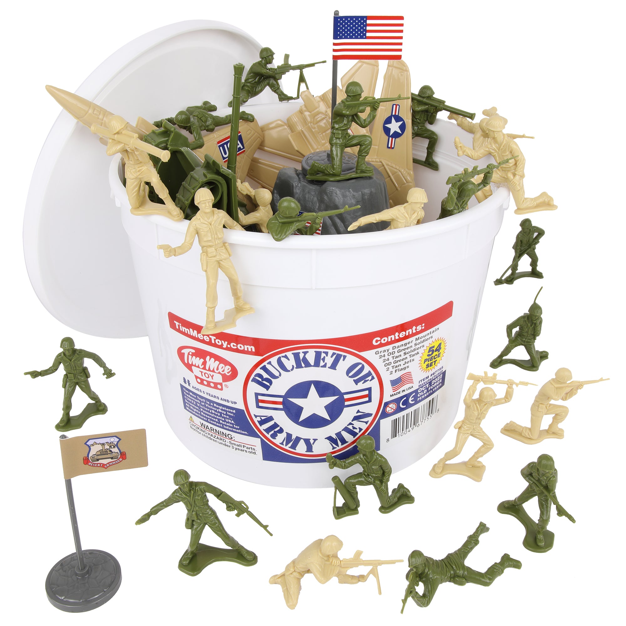 TimMee BUCKET of ARMY Men - OD Green vs Tan 54pc Soldier Playset