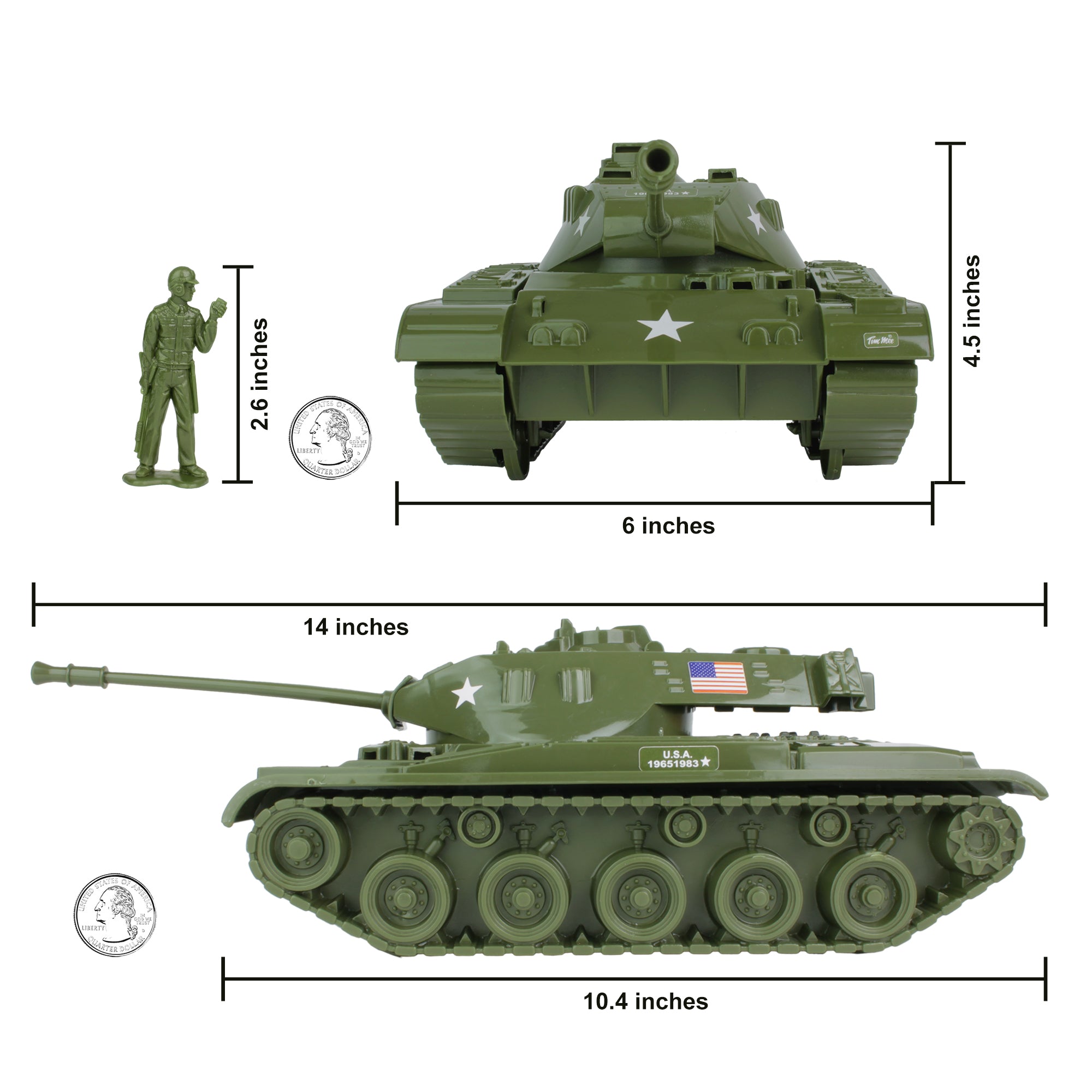 Tim Mee Toy Walker Bulldog TANK Playset- OD Green 13pc - USA Made