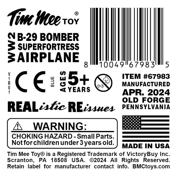 Tim Mee Toy WW2 B-29 Superfortress Bomber Plane Blue Color Plastic Army Men Aircraft Label Art