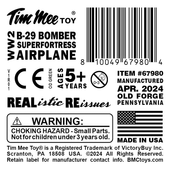 Tim Mee Toy WW2 B-29 Superfortress Bomber Plane OD Green Color Plastic Army Men Aircraft Label Art