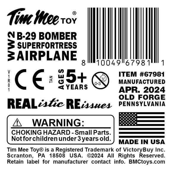 Tim Mee Toy WW2 B-29 Superfortress Bomber Plane Tan Color Plastic Army Men Aircraft Label Art