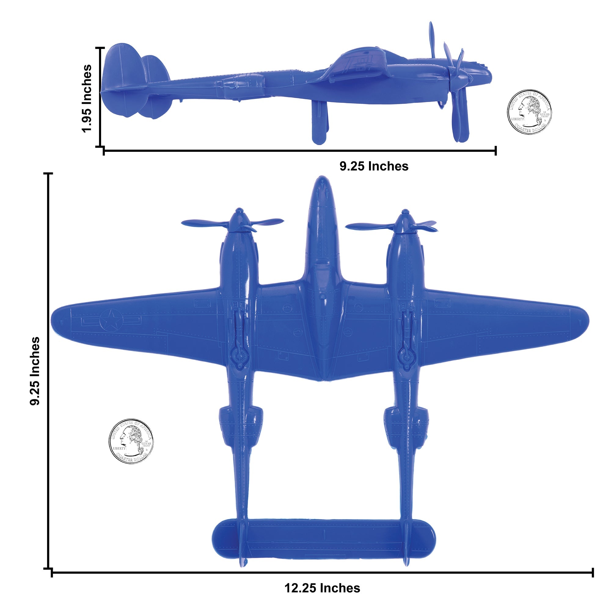 TimMee WW2 P-38 Lightning Fighter Plane - 2pc Blue Plastic Army