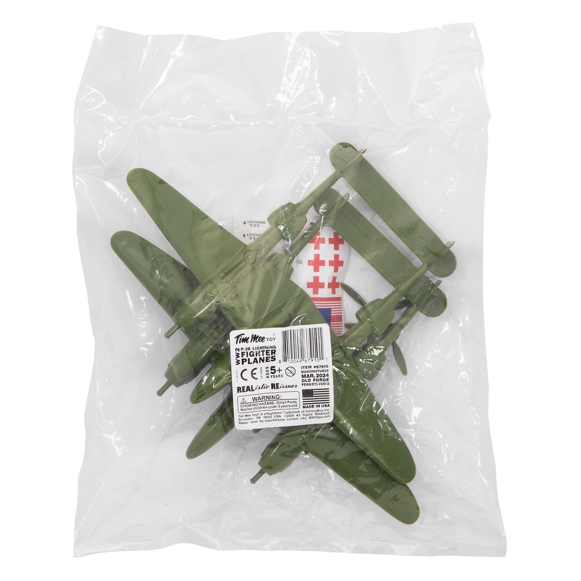 TimMee WW2 P-38 Lightning Fighter Plane - 2pc OD Green Plastic